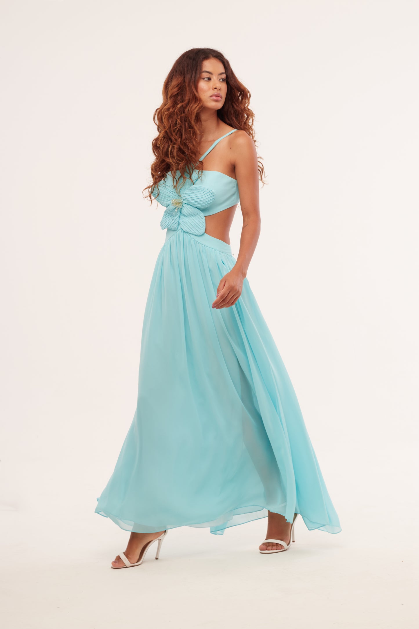 Vestido Longo Recortes Flor Chiffon Íris Azul - PatBo