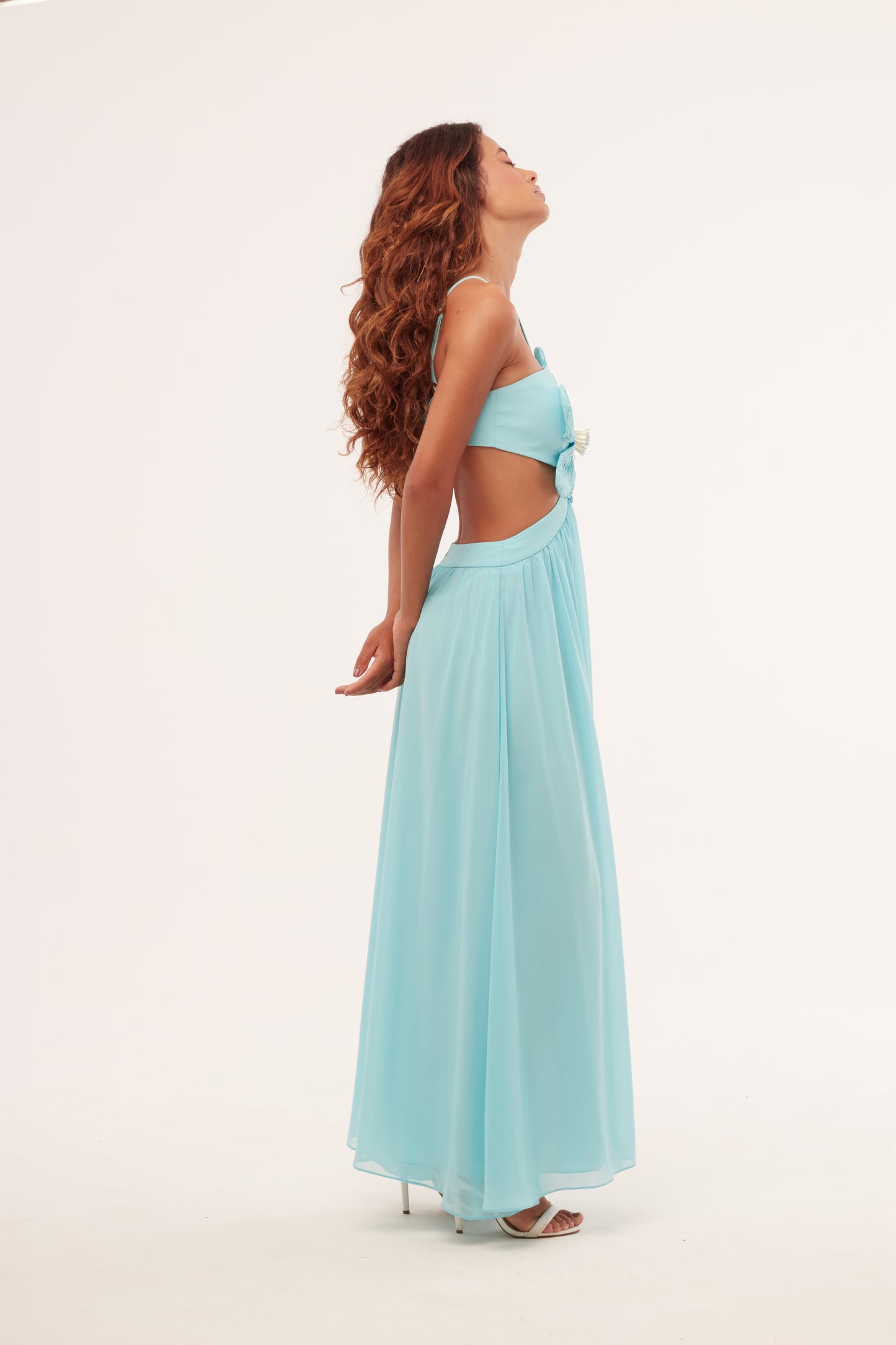 Vestido Longo Recortes Flor Chiffon Íris Azul - PatBo