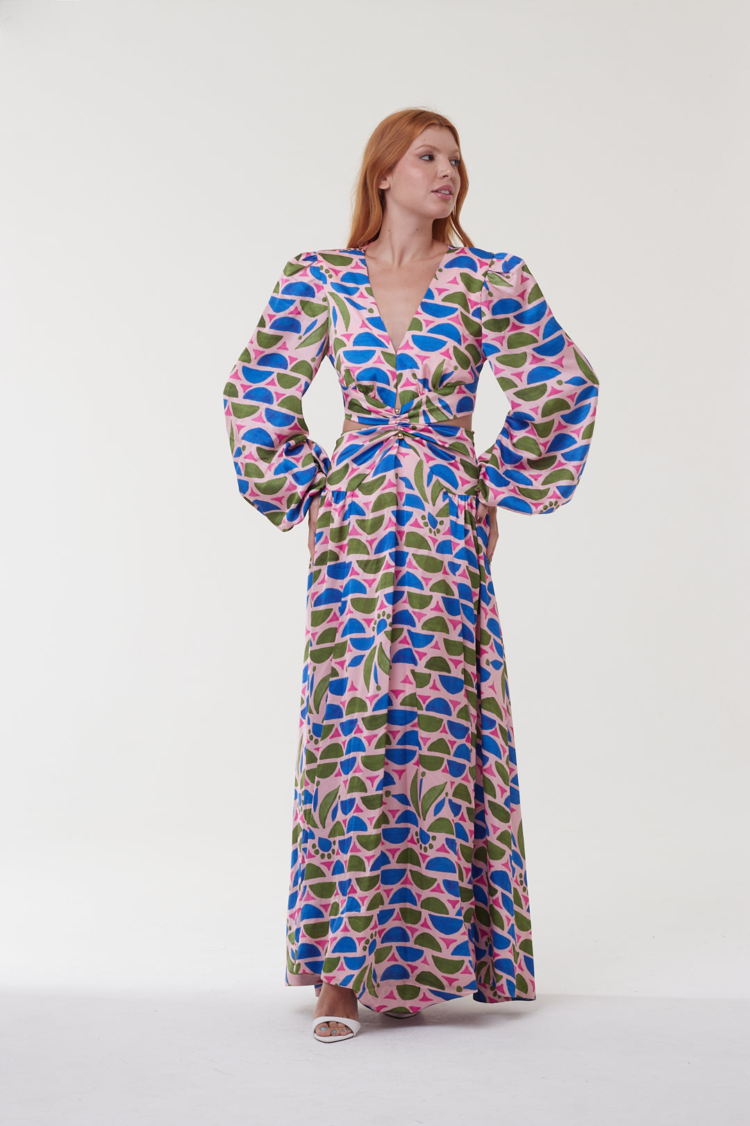 Vestido Floral Geométrico Mangas Bufantes - PatBo