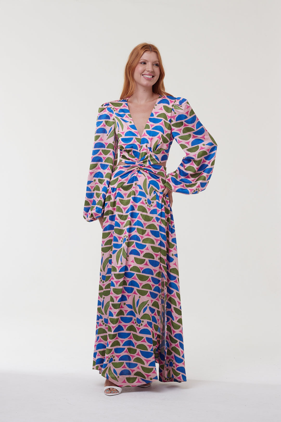 Vestido Floral Geométrico Mangas Bufantes - PatBo