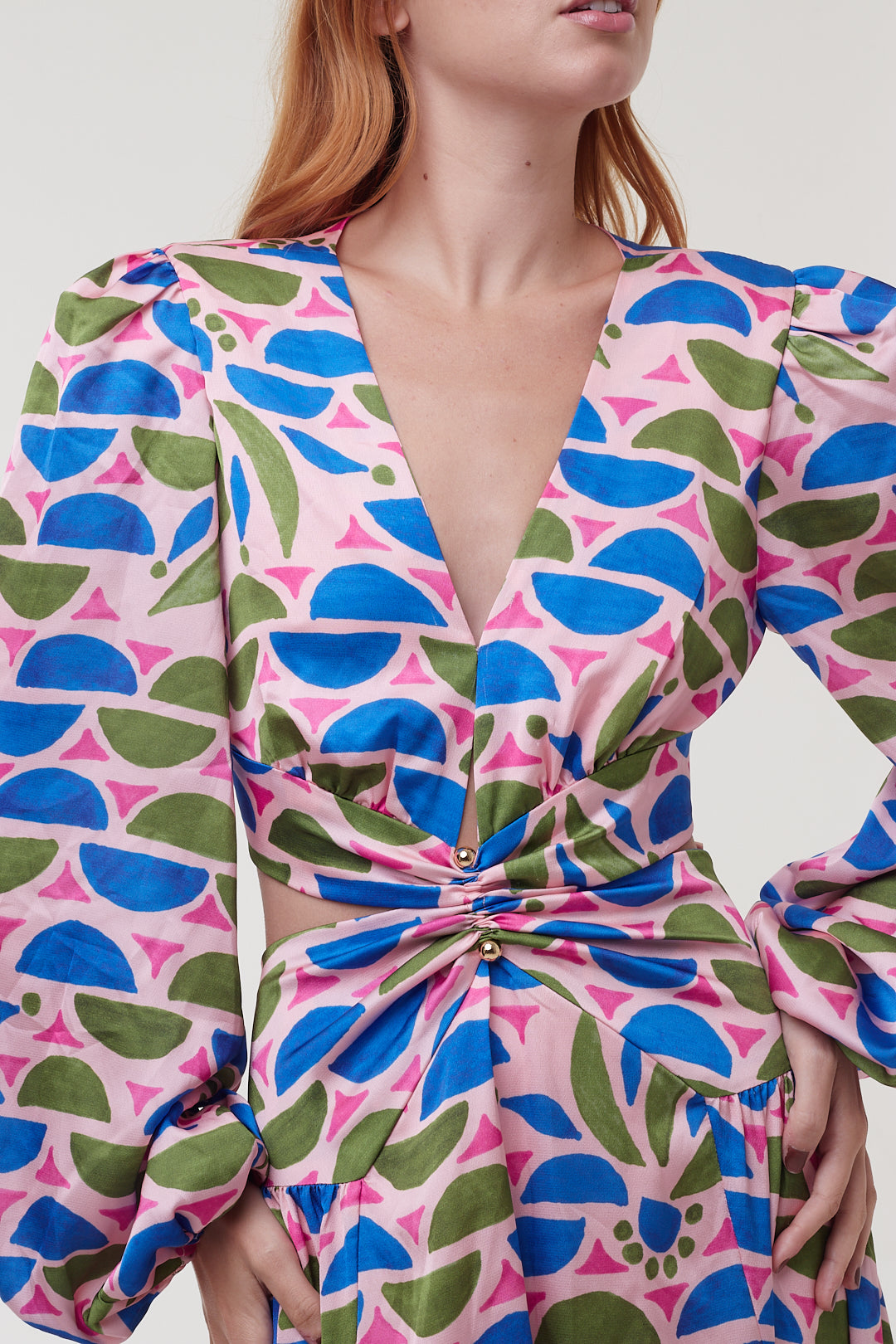 Vestido Floral Geométrico Mangas Bufantes - PatBo