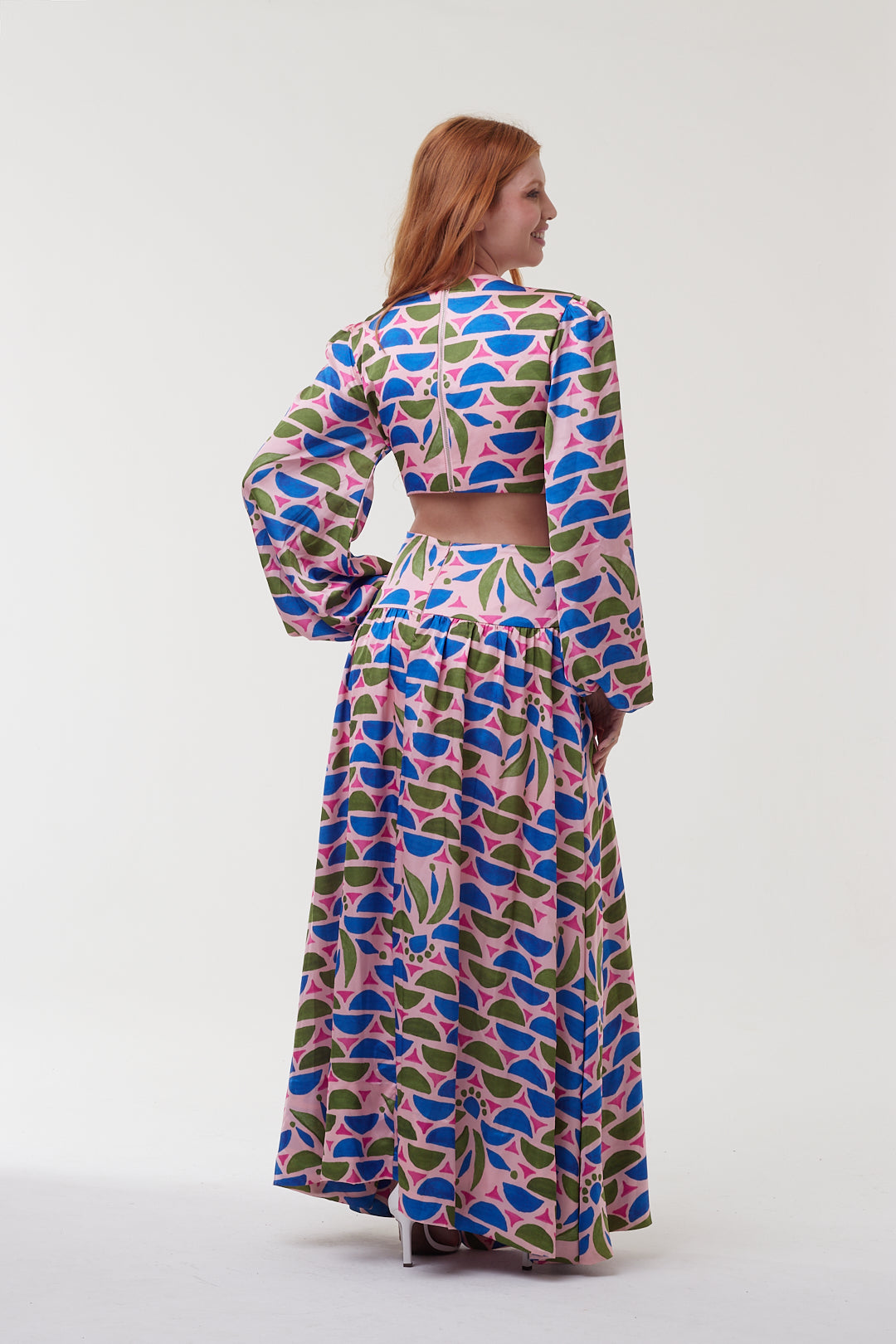 Vestido Floral Geométrico Mangas Bufantes - PatBo