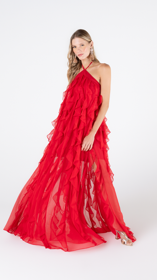 Vestido Longo Frente única Babados Silky Vermelho Intenso - PatBo