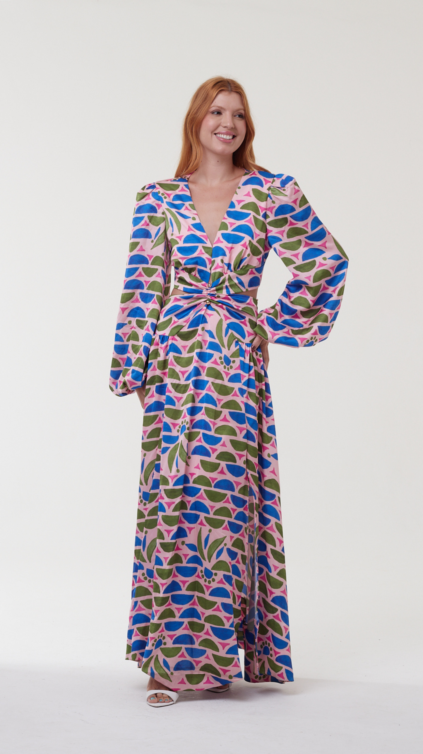 Vestido Floral Geométrico Mangas Bufantes - PatBo