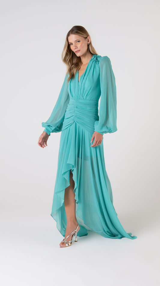 Vestido Longo Drapeado Ombreiras Tiffany - PatBo