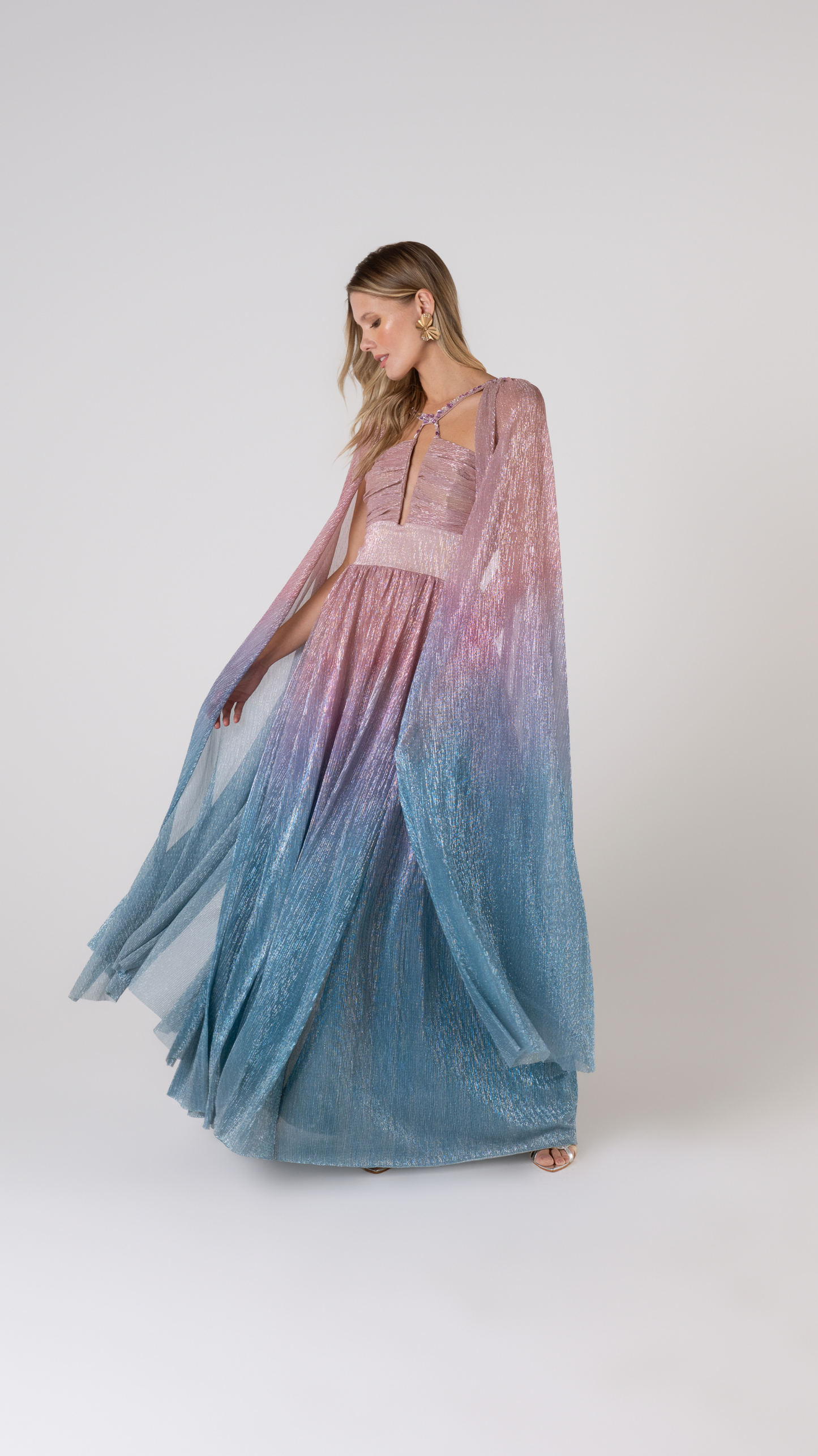 Vestido Longo Mangas Lurex Mix Fusion Kobai Azul - PatBo