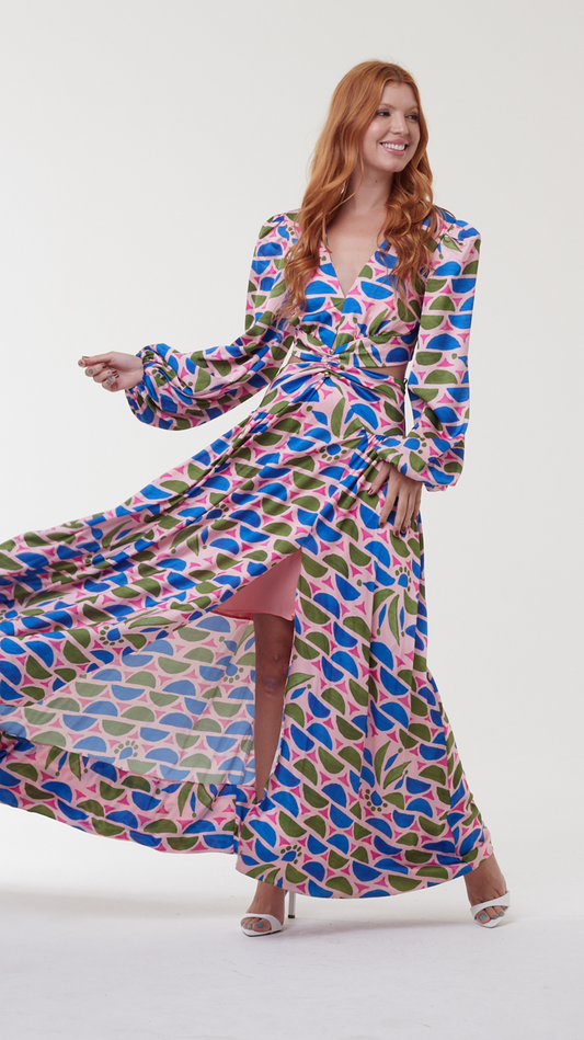 Vestido Floral Geométrico Mangas Bufantes - PatBo