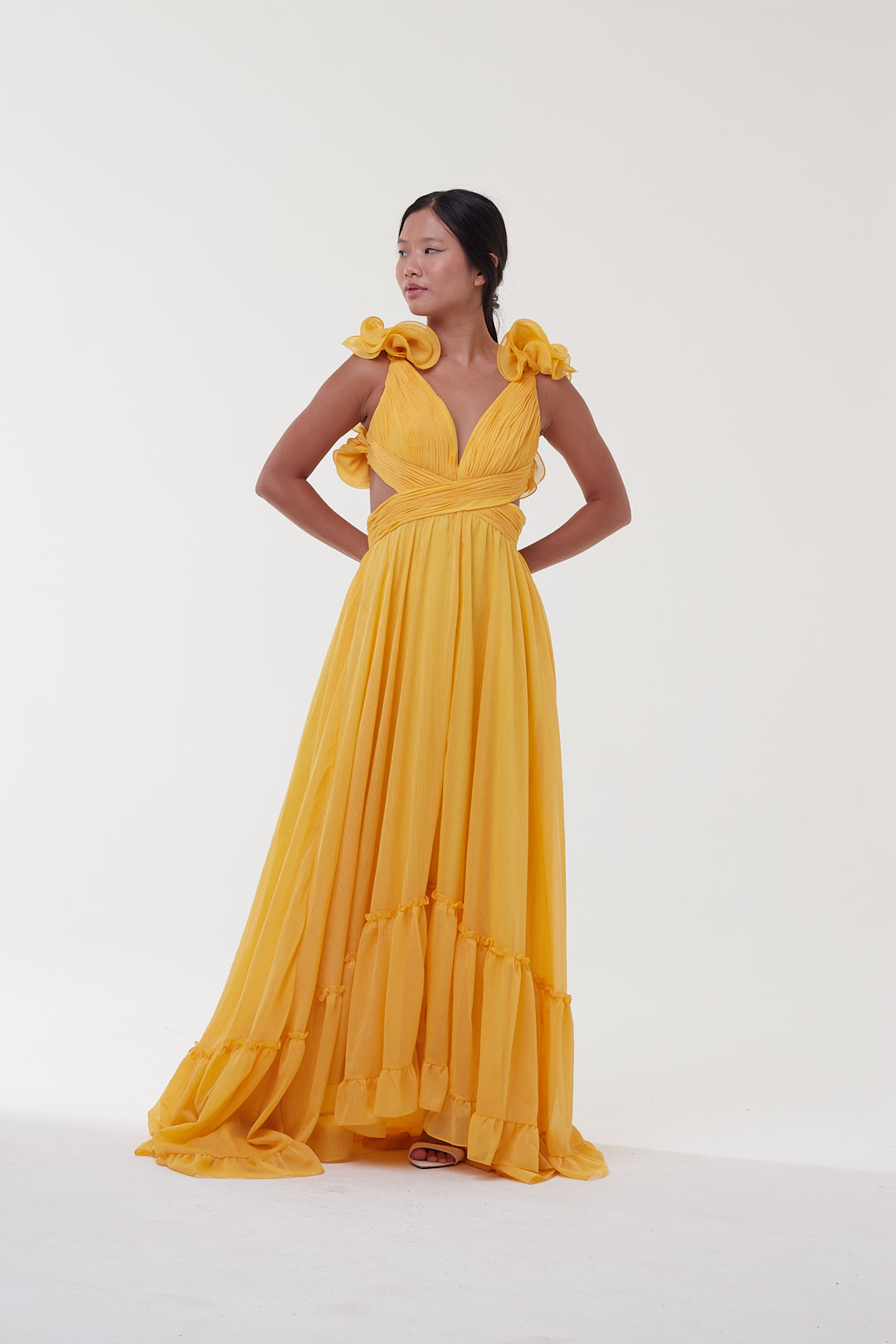 Vestido Amarelo Festa Flores 3D - Mac Duggal