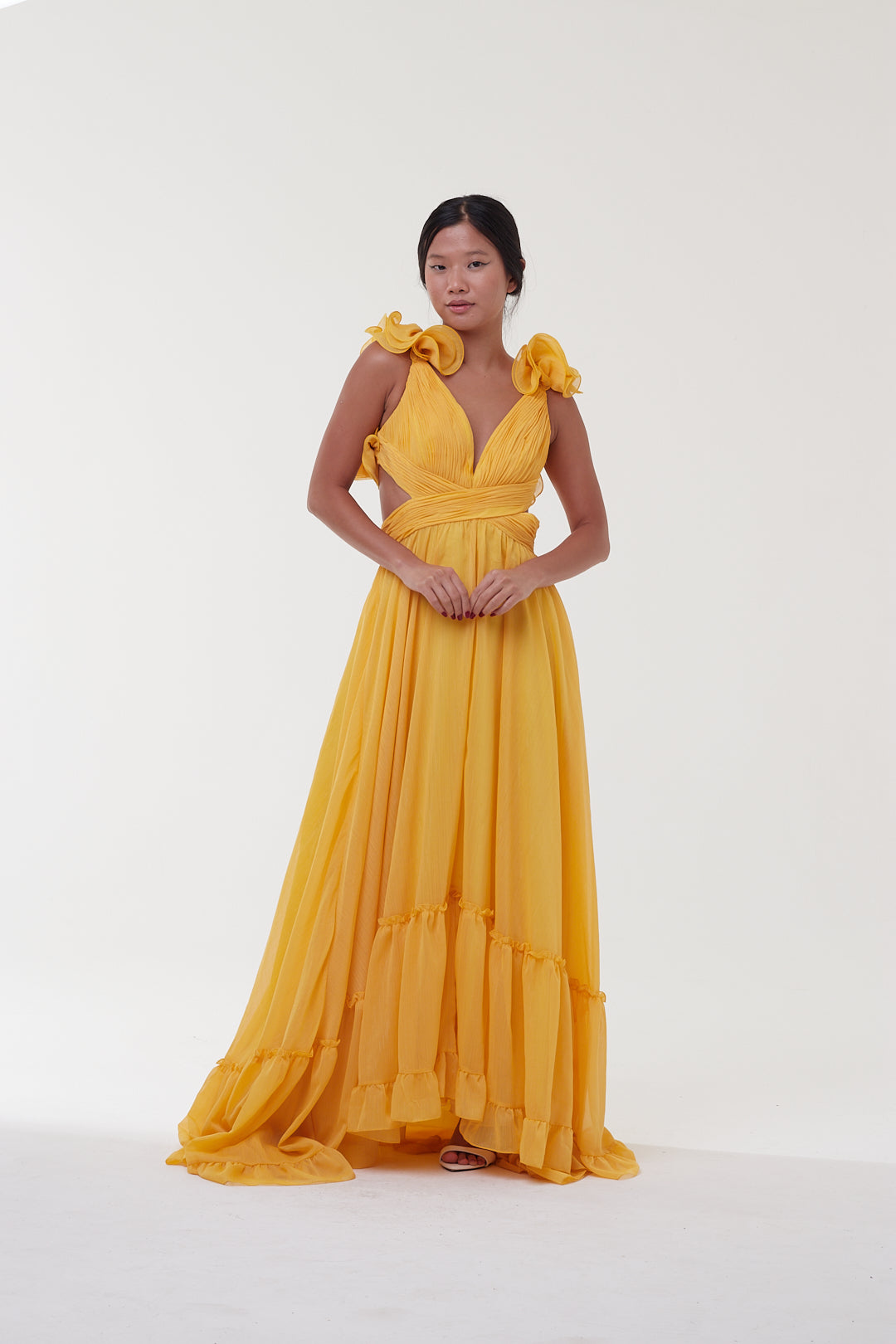 Vestido Amarelo Festa Flores 3D - Mac Duggal