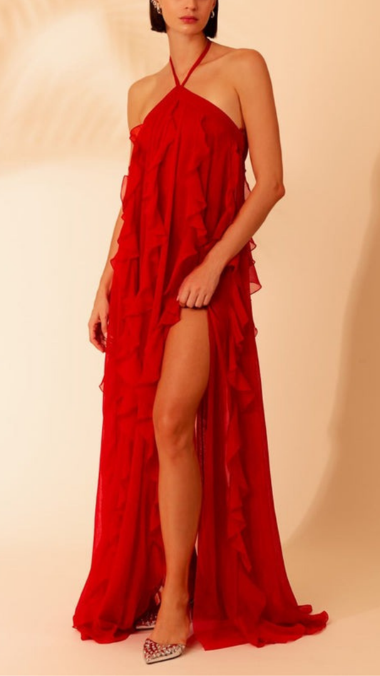 Vestido Longo Frente única Babados Silky Vermelho Intenso - PatBo