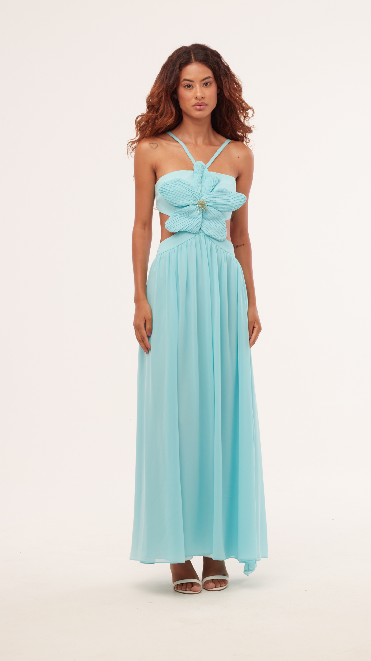 Vestido Longo Recortes Flor Chiffon Íris Azul - PatBo