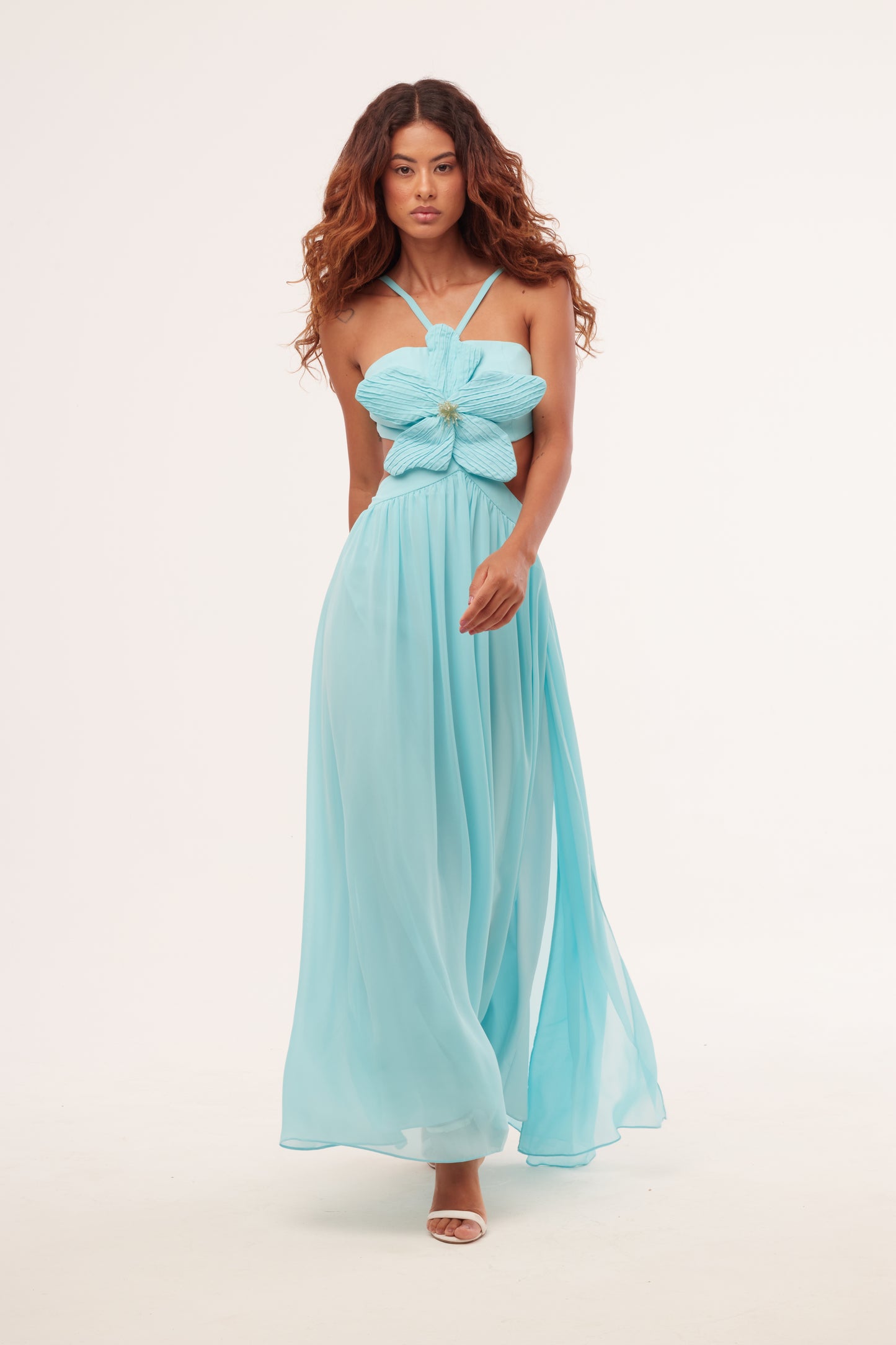 Vestido Longo Recortes Flor Chiffon Íris Azul - PatBo