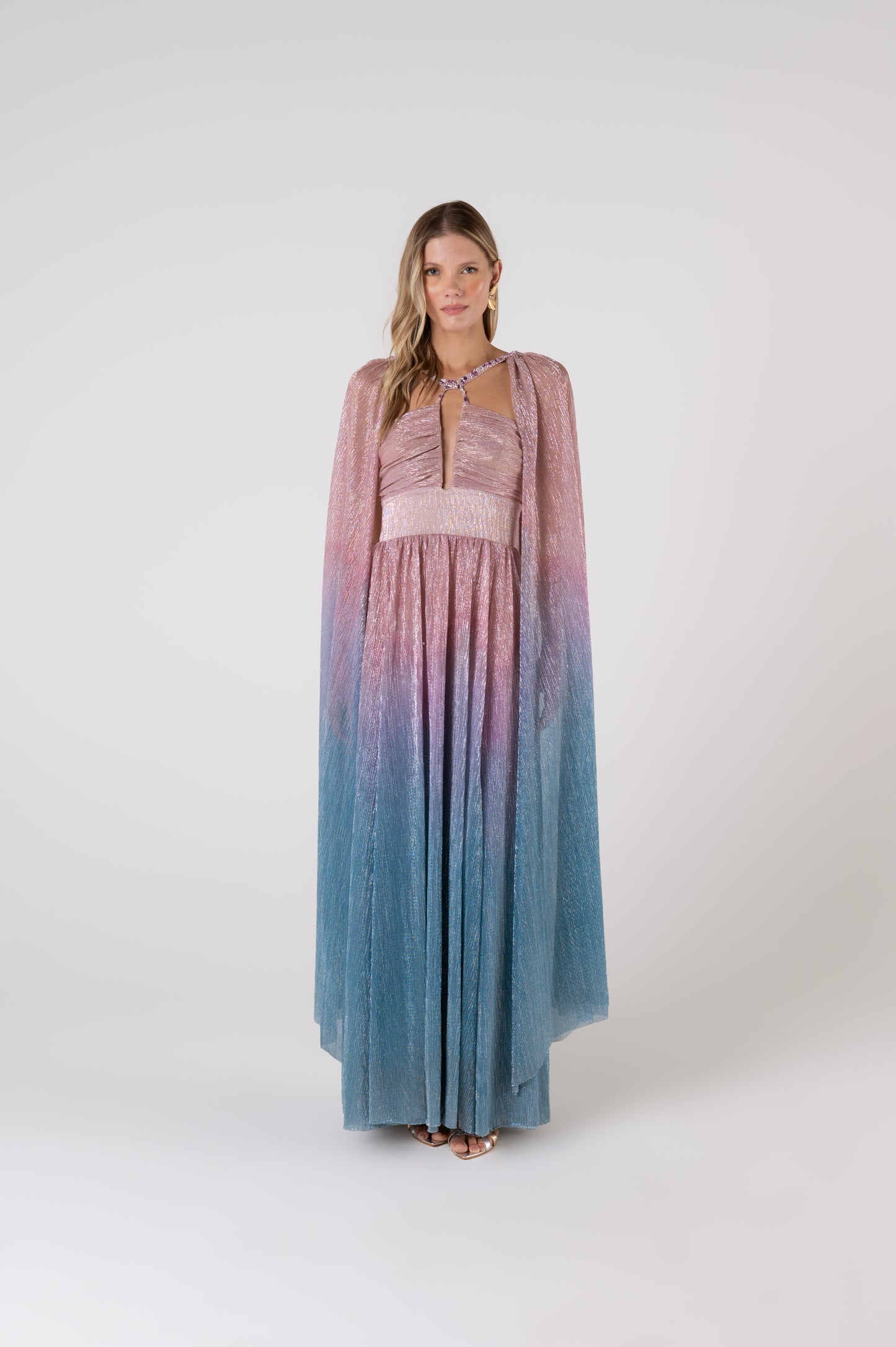 Vestido Longo Mangas Lurex Mix Fusion Kobai Azul - PatBo