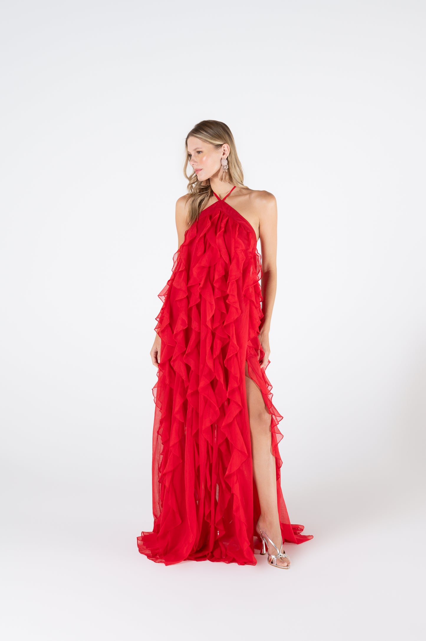 Vestido Longo Frente única Babados Silky Vermelho Intenso - PatBo