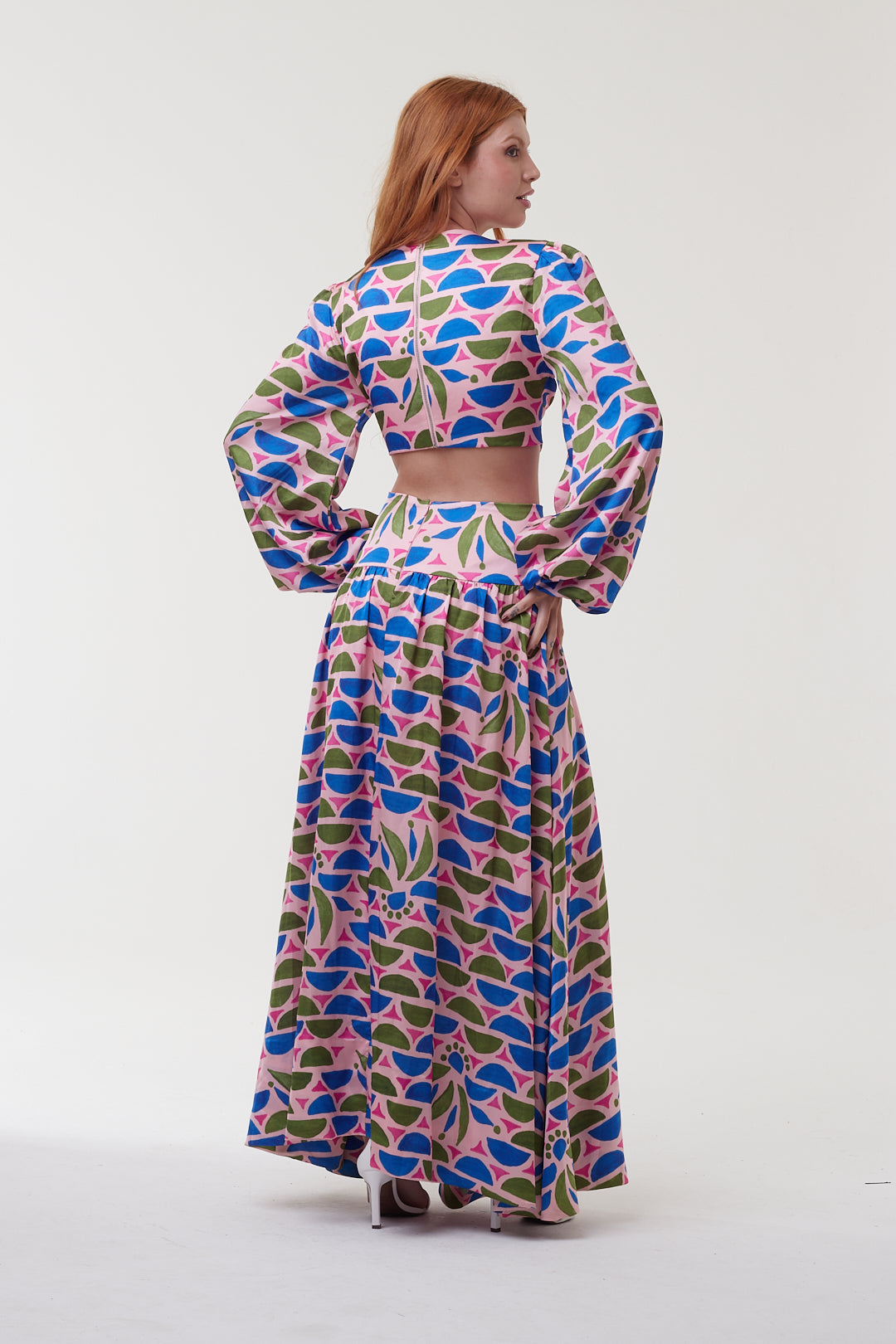 Vestido Floral Geométrico Mangas Bufantes - PatBo