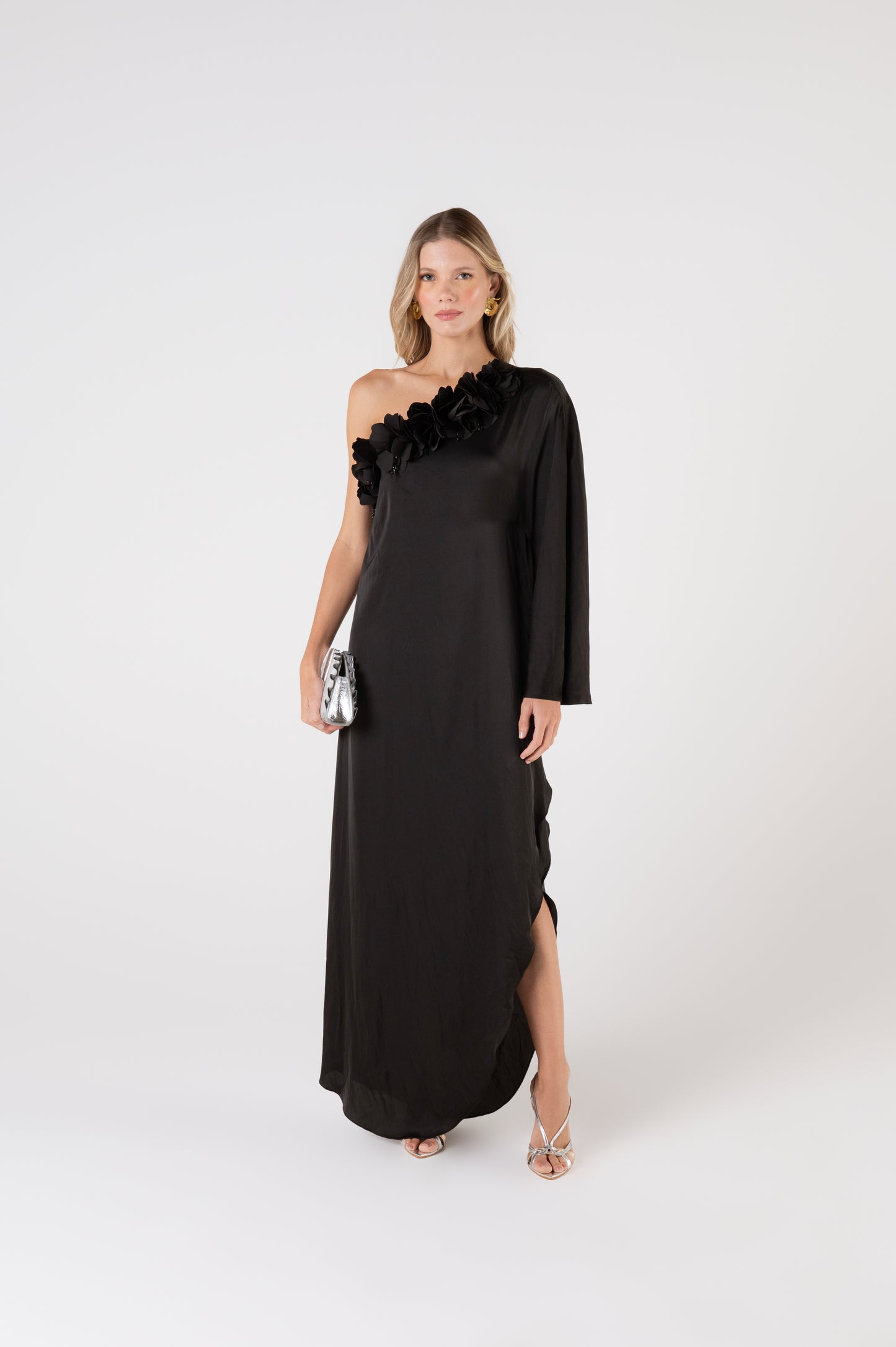 Vestido Longo Flores Cetim Rafine Preto - PatBo