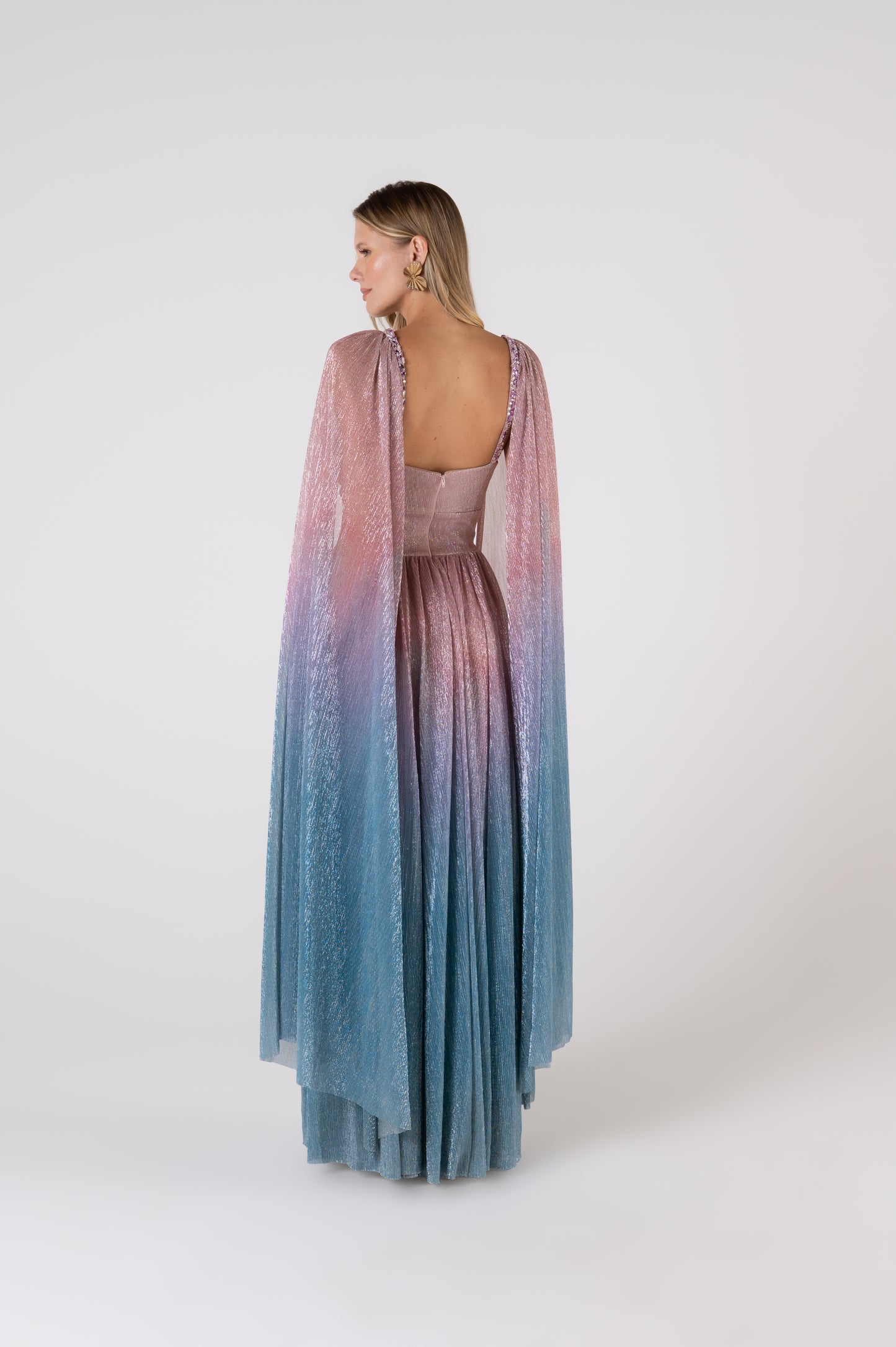 Vestido Longo Mangas Lurex Mix Fusion Kobai Azul - PatBo