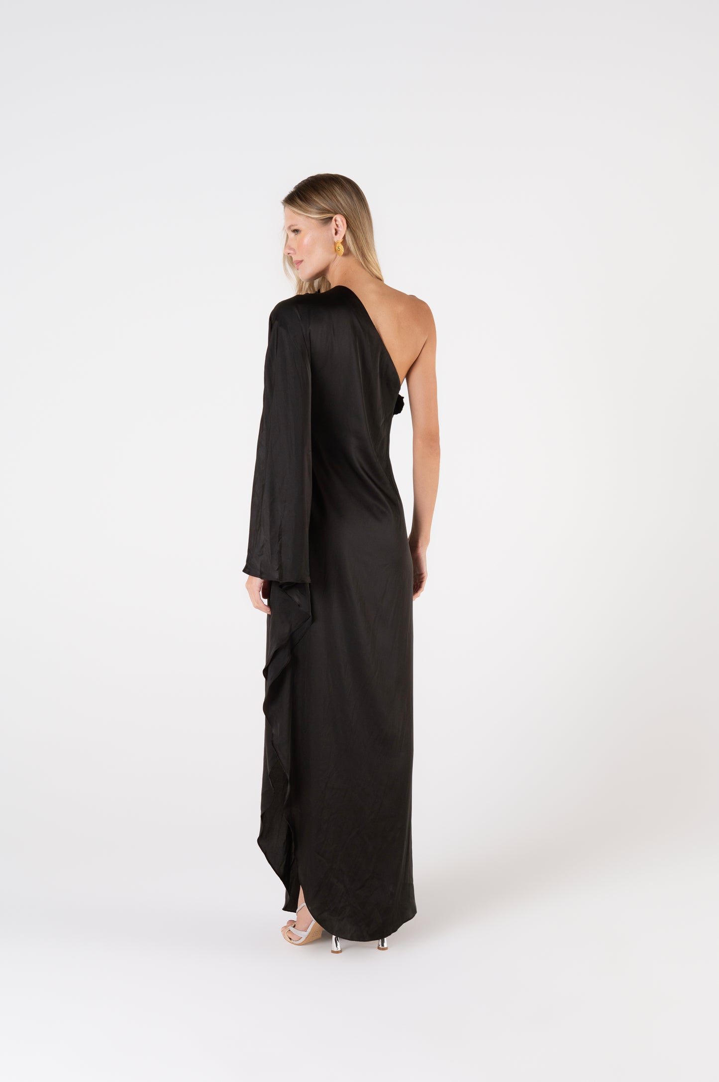 Vestido Longo Flores Cetim Rafine Preto - PatBo