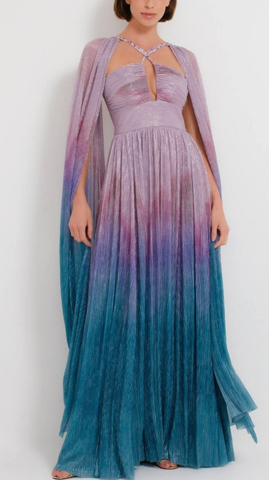 Vestido Longo Mangas Lurex Mix Fusion Kobai Azul - PatBo