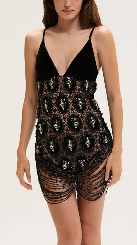 Vestido Curto Embroidery Velvet Preto - PatBo